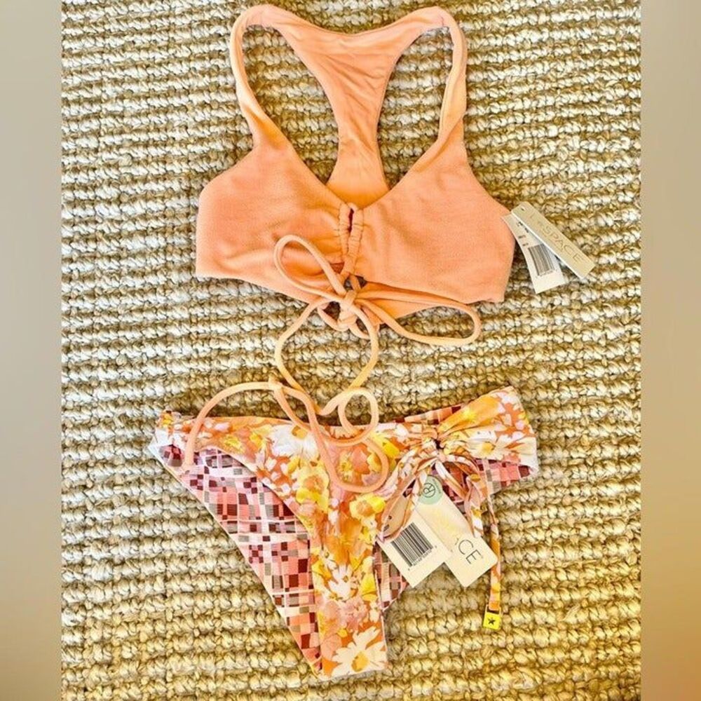 Nwt l*space terri cloth orange floral tie halter Amal Dax bikini set